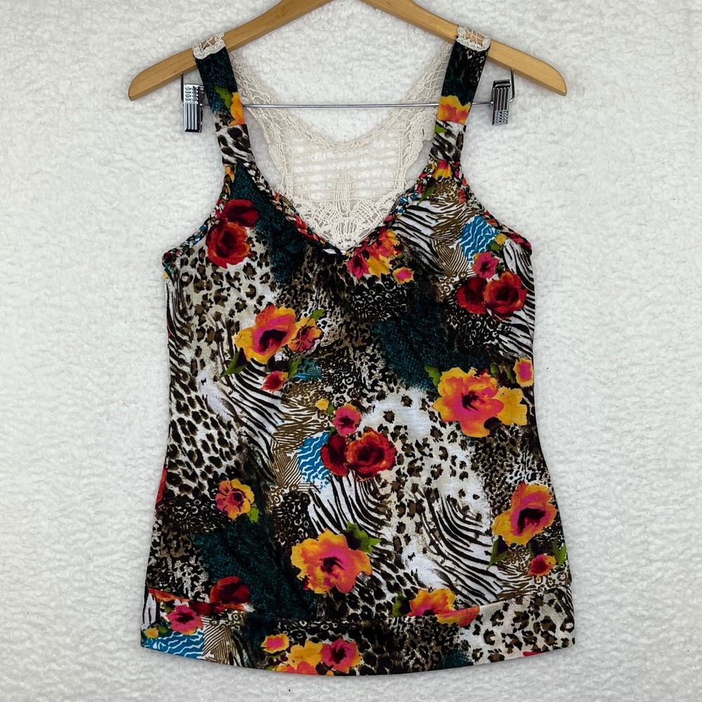 Animal Print Floral Lace Racerback Tank Top Leopard Zebra Mixed Pattern M y2k
